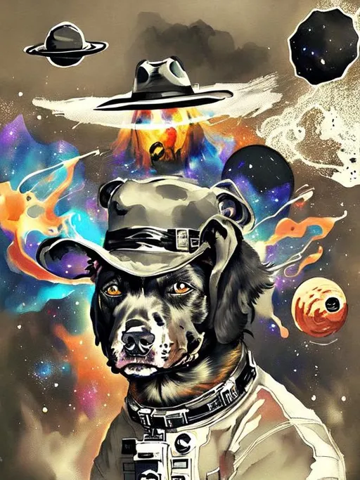 Prompt: Surrealism black dogs in cowboy outfits in space, abstract art style, cowboy hat, fun atmosphere, floating celestial bodies, mysterious nebulae, dreamlike, surreal, high contrast, otherworldly, abstract, space, astronaut, fun atmosphere, celestial bodies, dreamlike, surreal, high contrast, mysterious, nebulae, dogs, Pro trump clothing