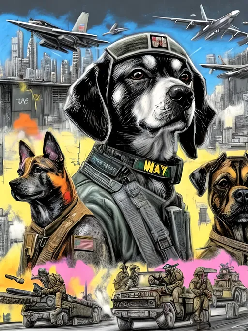Prompt: pop art chalk pastel art of a detailed dogs wearing military uniforms on the streets in cyberpunk japan during a festival with planes in the background, sketch, detailed background, highres, fun atmosphere, natural lighting,  abstract, fun
