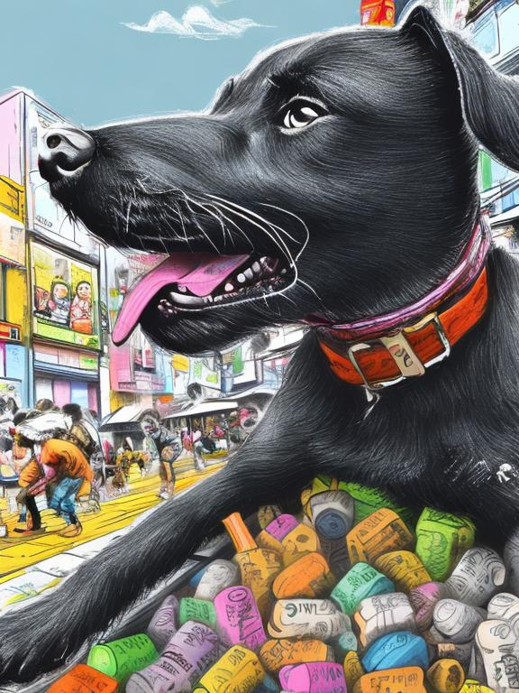 Prompt: pop art chalk pastel art of detailed dogs wearing clothes playing in the streets in japan during a festival, sketch, detailed background, highres, fun atmosphere, natural lighting,  abstract, fun