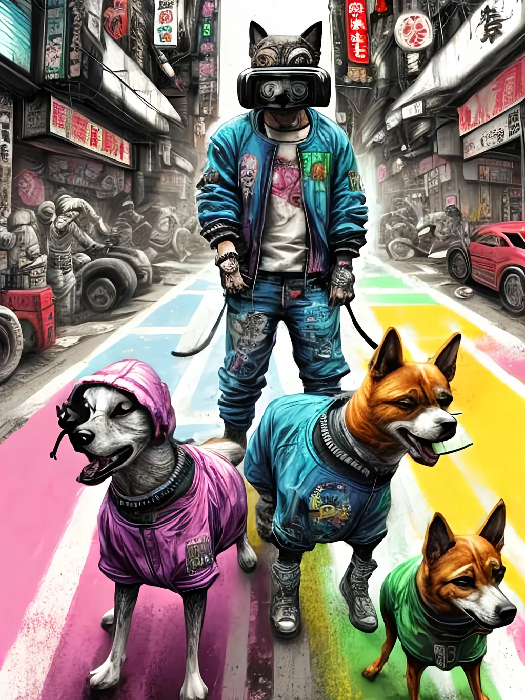 Prompt: pop art chalk pastel art of detailed dogs wearing gangster clothes playing in the streets in cyberpunk japan during a festival, sketch, detailed background, highres, fun atmosphere, natural lighting,  abstract, fun