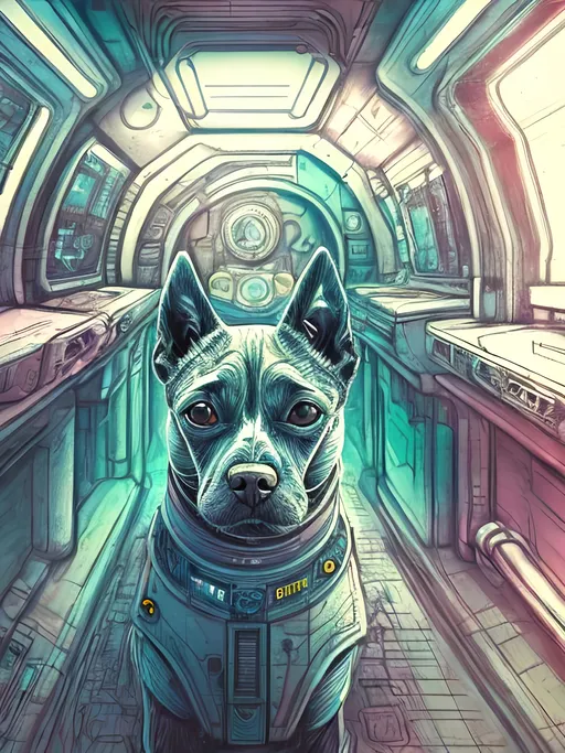 Prompt: chalk pastel style of a  detailed dog in a cyberpunk spaceship, sketch, detailed background, highres, fun atmosphere, natural lighting,  abstract, fun