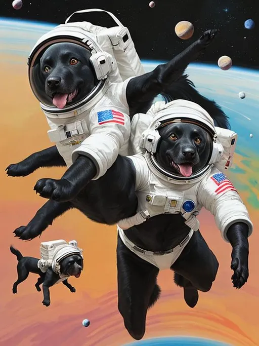 Prompt: abstract style art of black dogs in space in astronaut outfits