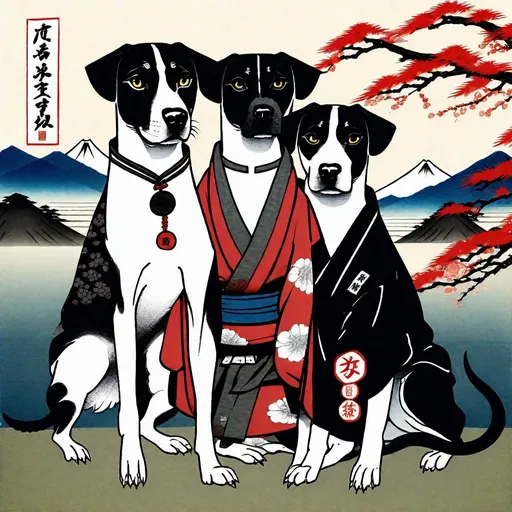 Prompt: black mountain cur dogs in hiroshige wearing yakuza clothes