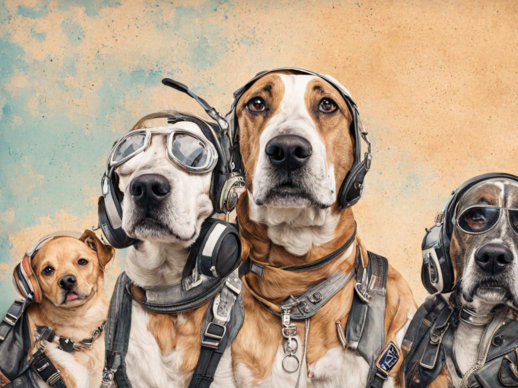 Prompt: black mountain cur dogs rap album dressed as airplane pilots