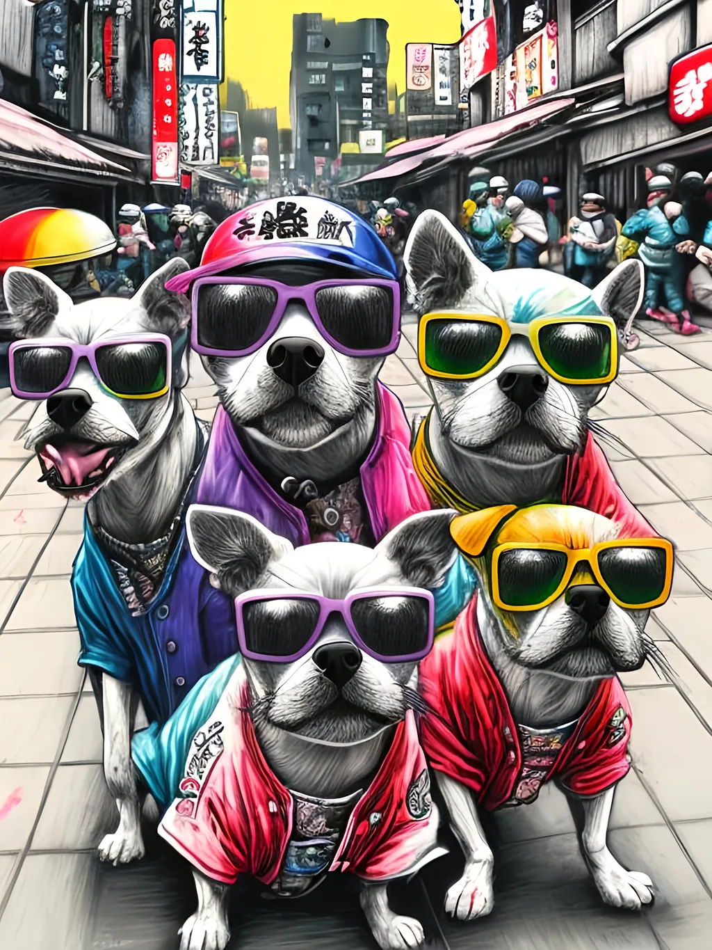 Prompt: pop art chalk pastel art of detailed dogs wearing gangster clothes playing in the streets in japan during a festival, sketch, detailed background, highres, fun atmosphere, natural lighting,  abstract, fun