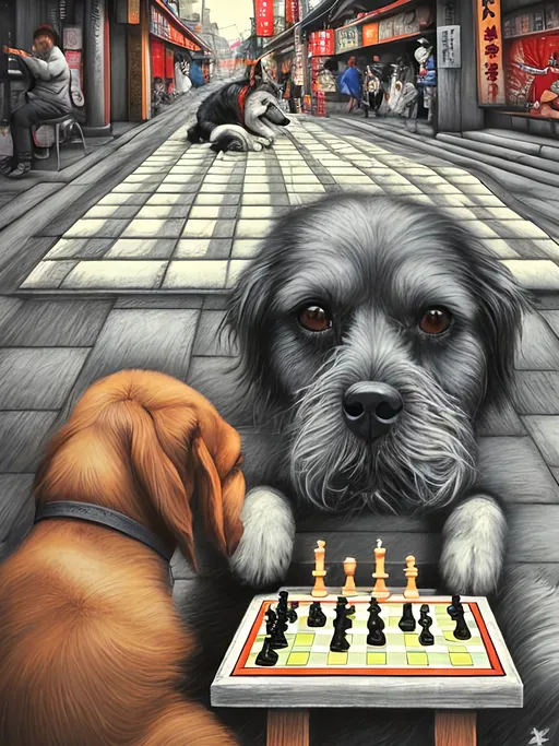 Prompt: pop art chalk pastel art of detailed dog playing chess in the streets in Japan during a festival, sketch, detailed background, highres, fun atmosphere, natural lighting,  abstract, fun