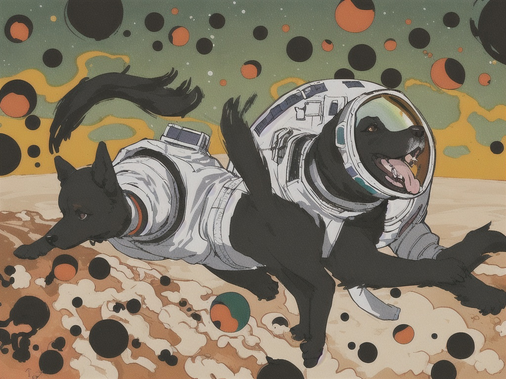 Prompt: abstract style art of black dogs in space in astronaut outfits