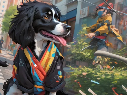 Prompt: black dog wearing ninja clothes having fun in the streets with a battle in the background, dogs, abstract art, Screen print, digital art, 8k resolution trending on Artstation, golden ratio, akira, rule of thirds, geometric bauhaus, Studio Ghibli, Anime Key Visual, by Makoto Shinkai, Deep Color, Intricate, 8k resolution concept art, Natural Lighting, Beautiful Composition