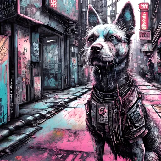 Prompt: a detailed grunge dog in cyberpunk Japan festival, pop art chalk pastel, natural lighting, highres, detailed streets, fun, cyberpunk, detailed fur, vibrant colors, lively atmosphere, street festival, urban setting, chalk pastel art, detailed background, Japan, pop art, grunge style, festival vibes, sketch