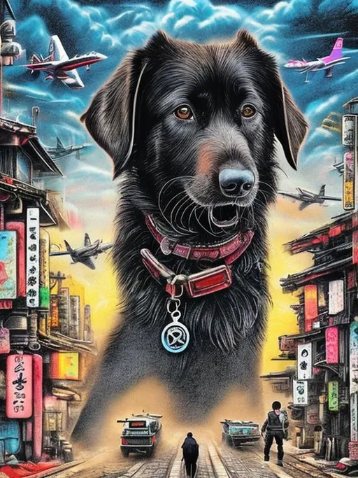 Prompt: pop art chalk pastel art of a detailed happy mountain cur black dog in the streets in cyberpunk Japan during a festival with planes in the background, sketch, detailed background, highres, fun atmosphere, natural lighting,  abstract, fun