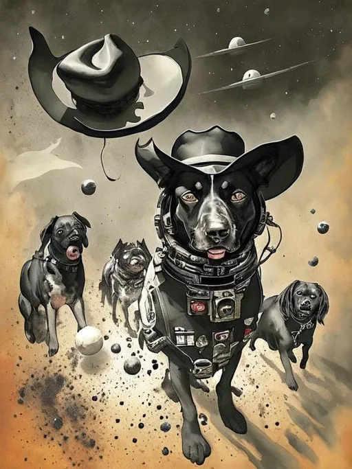 Prompt: Surrealism black dogs in cowboy outfits in space, abstract art style, cowboy hat, eerie atmosphere, floating celestial bodies, mysterious nebulae, dreamlike, surreal, high contrast, otherworldly, abstract, space, astronaut, fun atmosphere, celestial bodies, dreamlike, surreal, high contrast, mysterious, nebulae, dogs