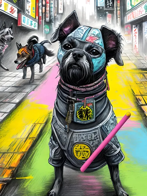 Prompt: pop art chalk pastel art of detailed dogs wearing ninja clothes playing in the streets in cyberpunk japan during a festival, sketch, detailed background, highres, fun atmosphere, natural lighting,  abstract, fun