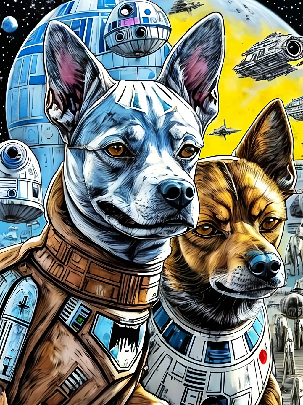 Prompt: pop art chalk pastel style art of detailed dog in star wars with pod racers, sketch, detailed background, highres, fun atmosphere, natural lighting,  abstract, fun