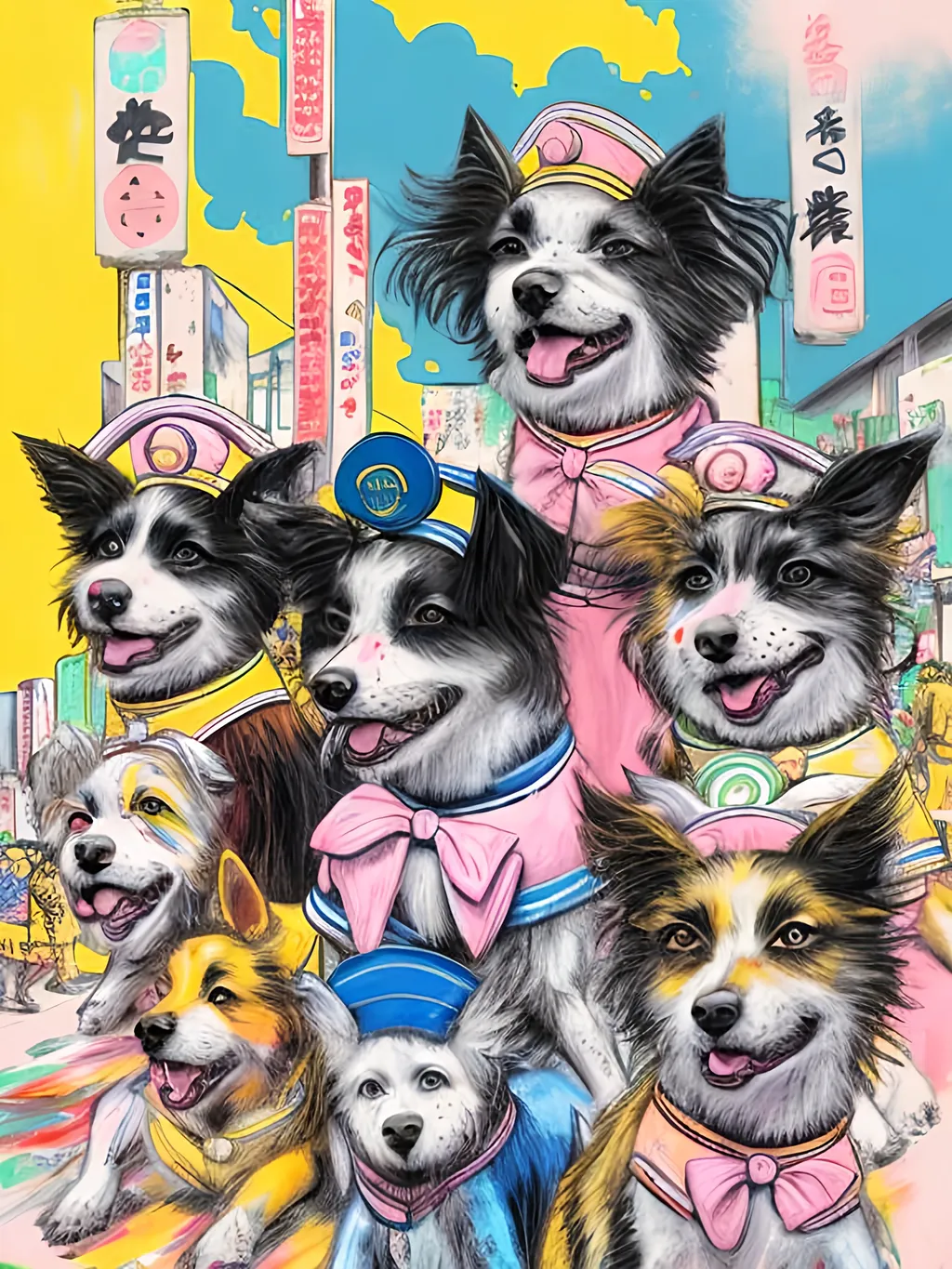 Prompt: pop art chalk pastel art of detailed dogs wearing sailor uniforms playing in the streets in cyberpunk japan during a festival, sketch, detailed background, highres, fun atmosphere, natural lighting,  abstract, fun