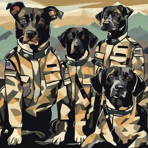 Prompt: mountain cur black dogs in pilot uniform abstract art 90s poster