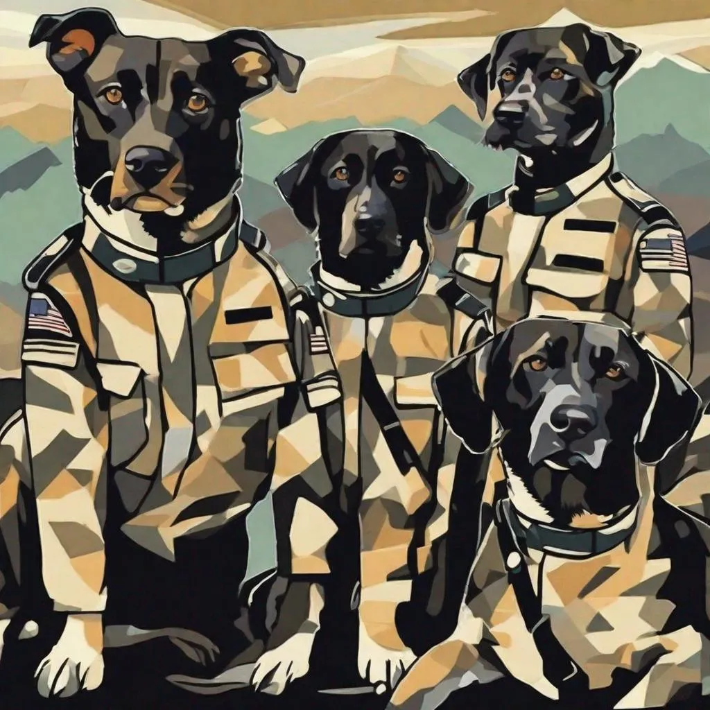 Prompt: mountain cur black dogs in pilot uniform abstract art 90s poster