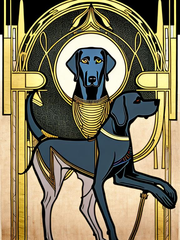 Prompt: black dog in egyptian clothing Art Nouveau style 