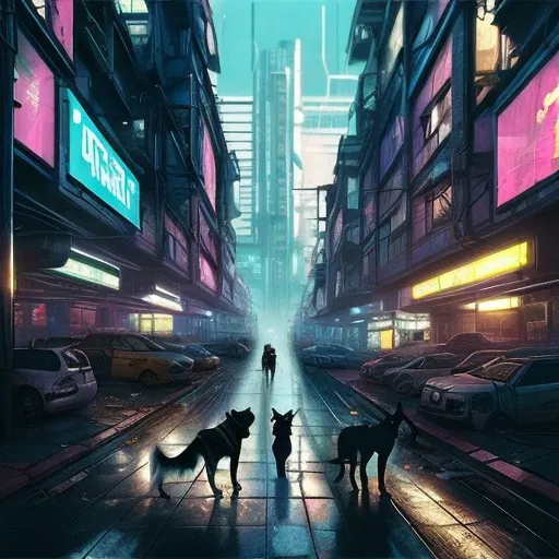 Prompt: cyberpunk city with dogs
