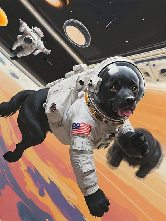 Prompt: abstract style art of black dogs in space in astronaut outfits