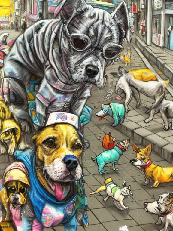 Prompt: pop art chalk pastel art of detailed dogs wearing clothes playing in the streets in japan during a festival, sketch, detailed background, highres, fun atmosphere, natural lighting,  abstract, fun