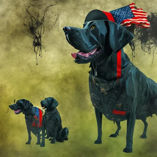 Prompt: Surreal, abstract art of black dogs in patriotic clothing, cowboy hat, high contrast, dreamlike, otherworldly, fun atmosphere, mysterious, USA, surreal style, professional art, abstract, highres, vibrant colors, atmospheric lighting