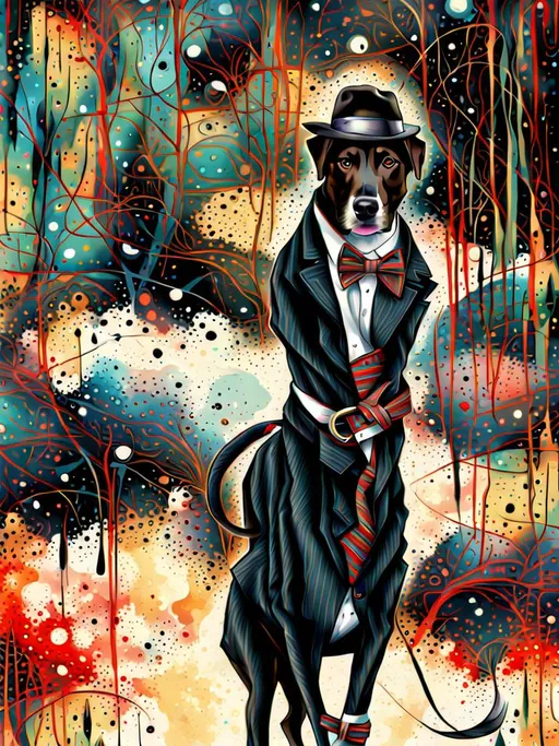 Prompt: mountain cur black dog in gangster clothing abstract art