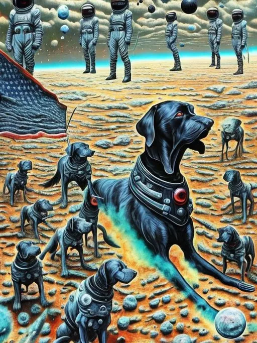 Prompt: Surrealism black dogs in soldier outfits in space, abstract art style, cowboy hat, fun atmosphere, floating celestial bodies, mysterious nebulae, dreamlike, surreal, high contrast, otherworldly, abstract, space, astronaut, fun atmosphere, celestial bodies, dreamlike, surreal, high contrast, mysterious, nebulae, dogs, usa, patriotic, trump