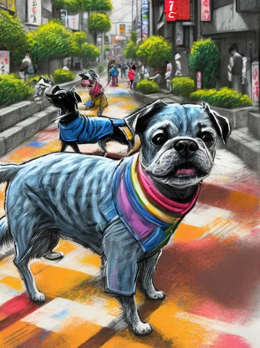 Prompt: pop art chalk pastel art of detailed dogs wearing clothes playing in the streets in japan during a festival, sketch, detailed background, highres, fun atmosphere, natural lighting,  abstract, fun