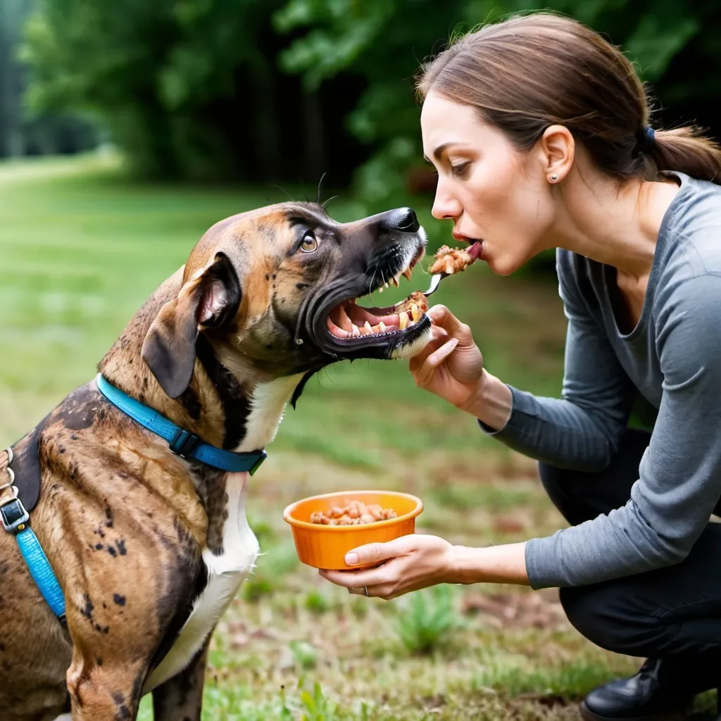 Prompt: black mountain cur dog eating a human