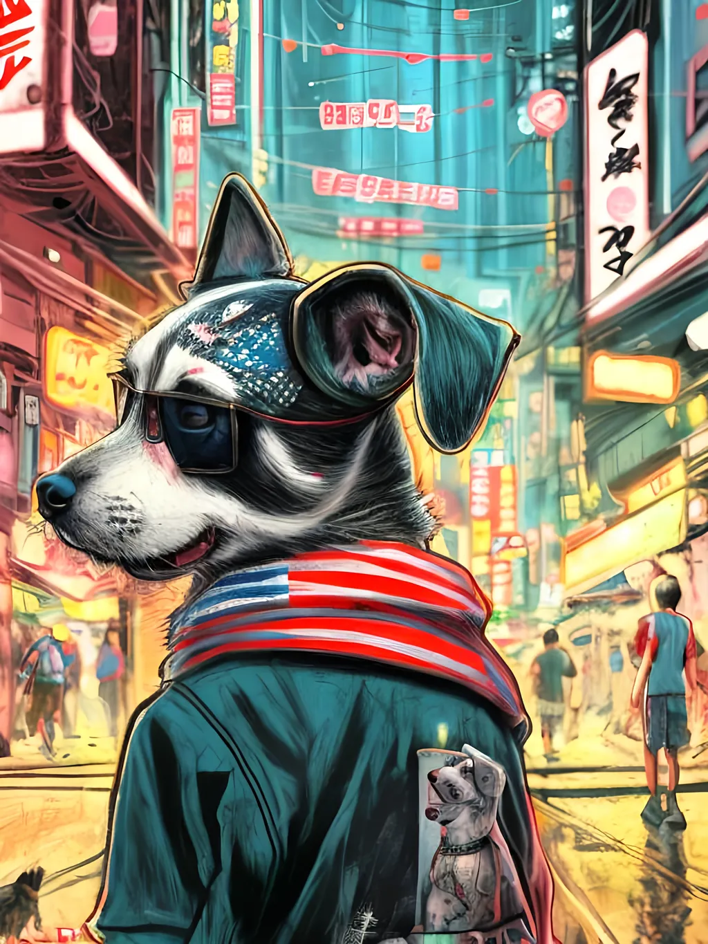 Prompt: pop art chalk pastel art of detailed dog wearing USA clothes playing in the streets in cyberpunk japan during a festival, sketch, detailed background, highres, fun atmosphere, natural lighting,  abstract, fun