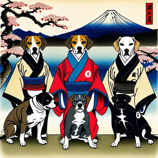 Prompt: black mountain cur dogs in hiroshige wearing yakuza clothes