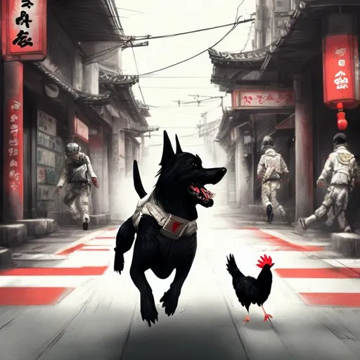 Prompt: sketch art of a black dog wearing soldier clothes chasing a chicken in the streets in japan, sketch, detailed background, highres, fun atmosphere, natural lighting, pastel colors, abstract, fun