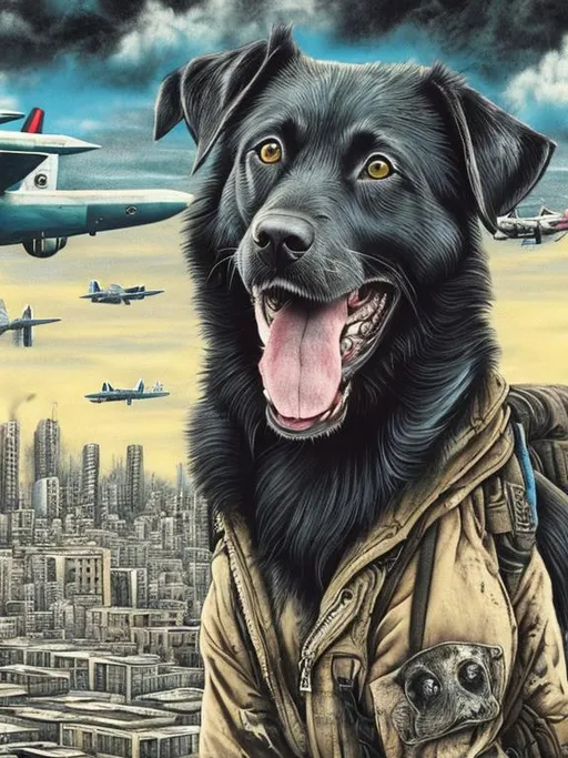 Prompt: pop art chalk pastel art of a detailed happy mountain cur black dog on the streets in post-apocalyptic Japan during a festival with planes in the background, sketch, detailed background, highres, fun atmosphere, natural lighting,  abstract, fun