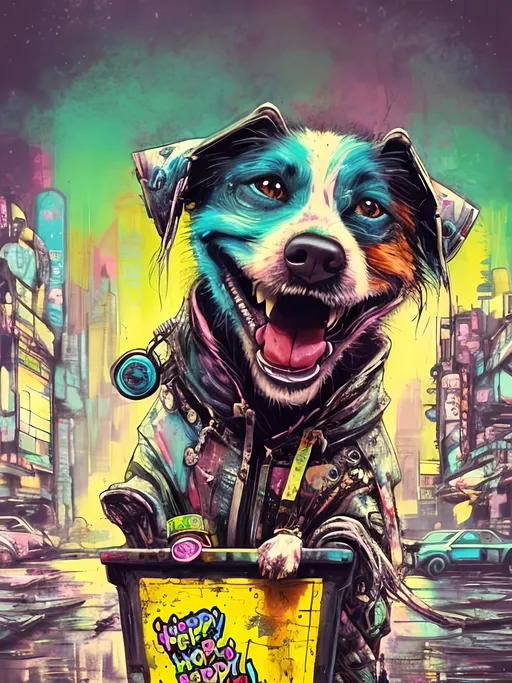 Prompt: Detailed happy dog wearing clothes dumpster diving during a festival, sketch, pop art chalk pastel, detailed cyberpunk city background, grunge, highres, abstract, natural lighting, lively atmosphere, fun, detailed dogs, colorful, chaotic, vibrant, happy-go-lucky