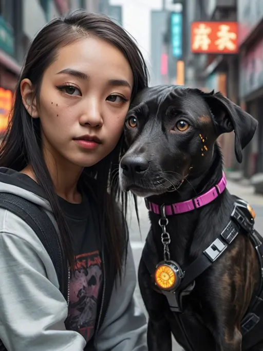 Prompt: mountain cur black dog with half asian girl in cyberpunk city