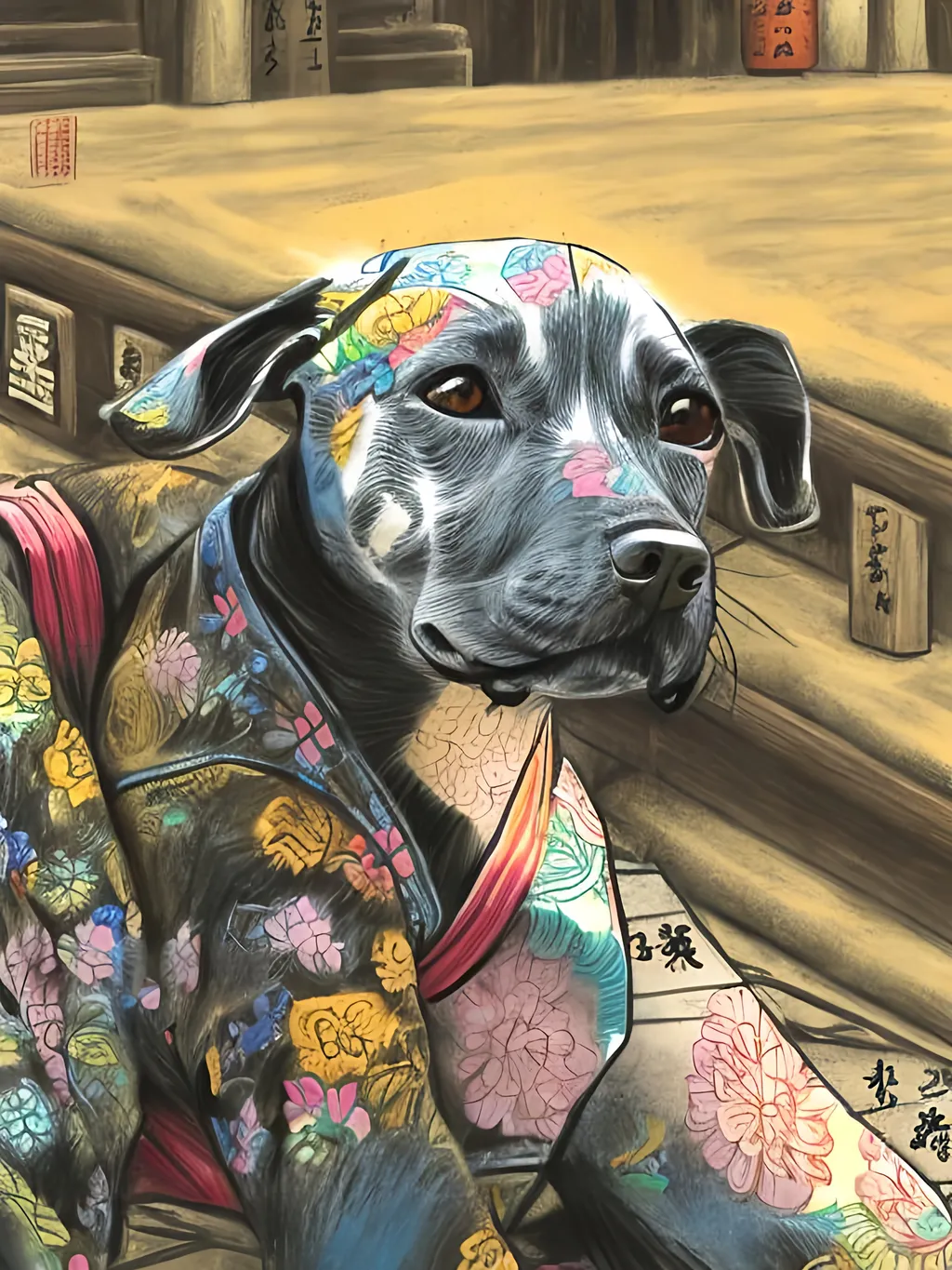 Prompt: pop art chalk pastel style of a  detailed dog in a kimono at a shrine, sketch, detailed background, highres, fun atmosphere, natural lighting,  abstract, fun