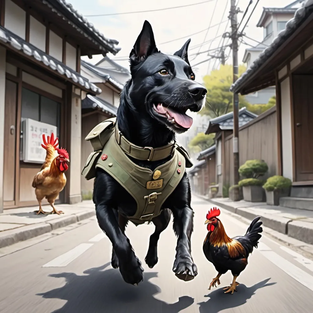 Prompt: sketch art of a black dog wearing soldier clothes chasing a chicken in the streets in japan, sketch, detailed background, highres, fun atmosphere, natural lighting, pastel colors, abstract, fun