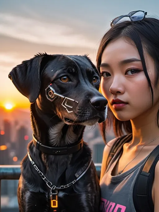 Prompt: mountain cur black dog with half asian girl in cyberpunk city with sun set