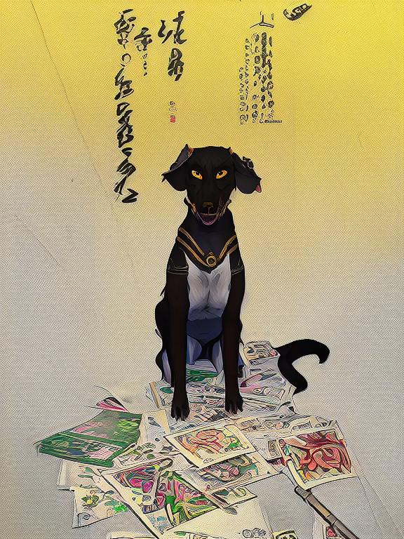 Prompt: black mountain cur dog in yakuza outfit 90s poster