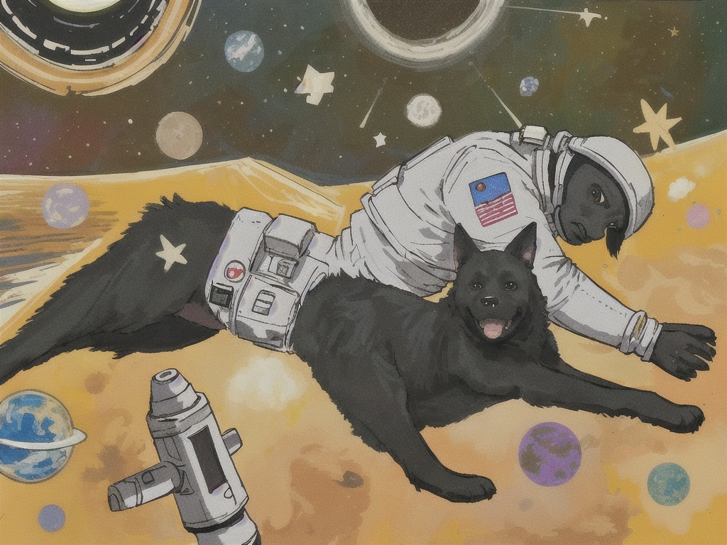 Prompt: abstract art, black dogs, in space, in astronaut outfit