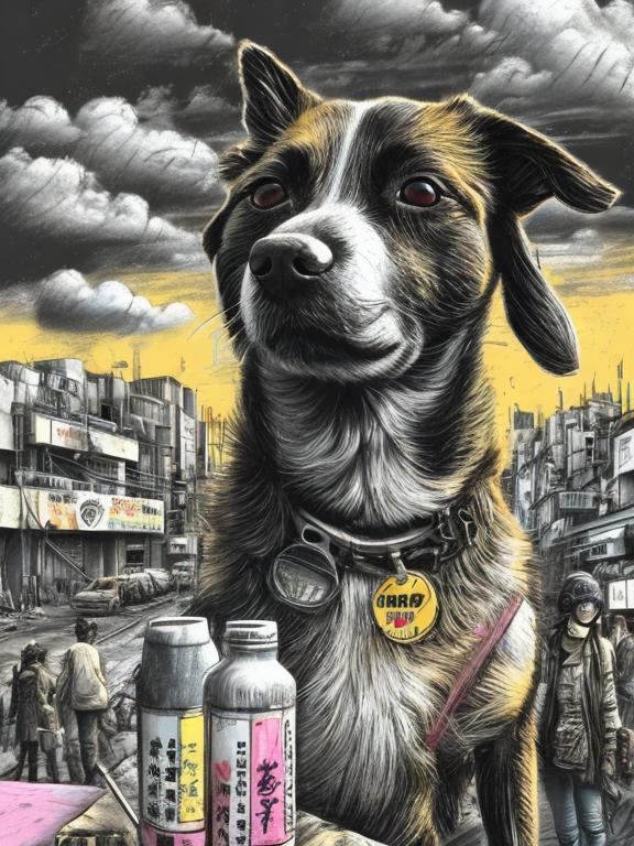 Prompt: pop art chalk pastel art of a detailed dog on the streets in post-apocalyptic Japan during a festival with planes in the background, sketch, detailed background, highres, fun atmosphere, natural lighting,  abstract, fun