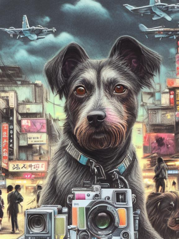 Prompt: chalk pastel art of a detailed dog with a polaroid camera on the streets in post-apocalyptic Japan during a festival with planes in the background, sketch, detailed background, highres, fun atmosphere, natural lighting,  abstract, fun