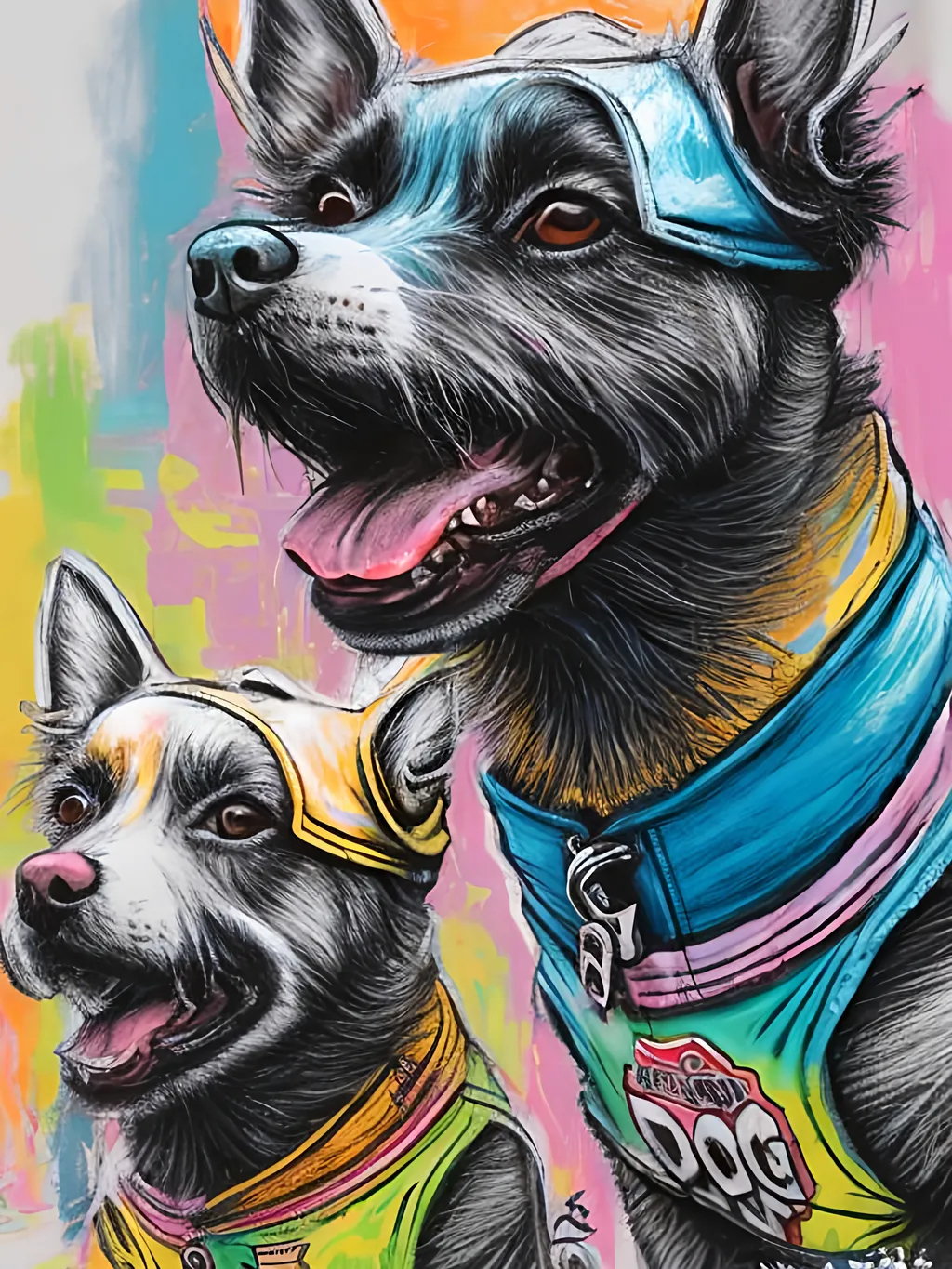 Prompt: pop art chalk pastel art of detailed dogs wearing gangster clothes playing in the streets in japan during a festival, sketch, detailed background, highres, fun atmosphere, natural lighting,  abstract, fun