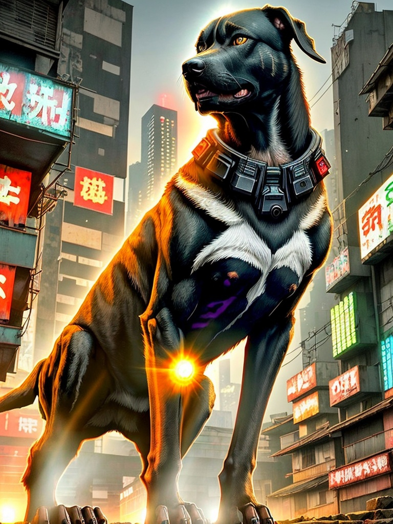 Prompt: mountain cur black dog in japanese cyberpunk city with sun set