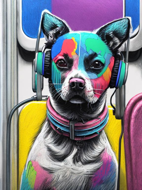 Prompt: pop art chalk pastel art of a detailed dog listening to music on the train in cyberpunk japan during a festival, sketch, detailed background, highres, fun atmosphere, natural lighting,  abstract, fun