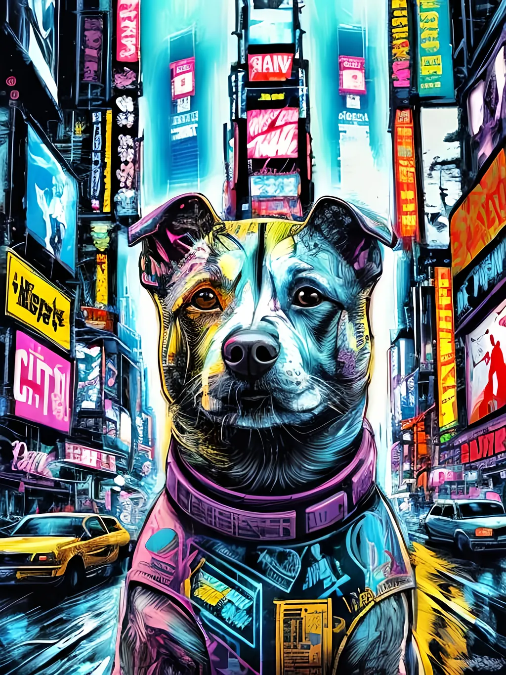 Prompt: pop art chalk pastel style of a  detailed dog in cyberpunk times square, sketch, detailed background, highres, fun atmosphere, natural lighting,  abstract, fun