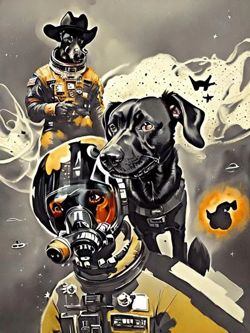 Prompt: Surrealism black dogs in cowboy outfits in space, abstract art style, cowboy hat, fun atmosphere, floating celestial bodies, mysterious nebulae, dreamlike, surreal, high contrast, otherworldly, abstract, space, astronaut, fun atmosphere, celestial bodies, dreamlike, surreal, high contrast, mysterious, nebulae, dogs, Pro trump clothing