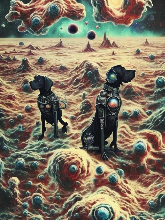 Prompt: Surrealism black dogs in gangster outfits in space, abstract art style, cowboy hat, fun atmosphere, floating celestial bodies, mysterious nebulae, dreamlike, surreal, high contrast, otherworldly, abstract, space, astronaut, fun atmosphere, celestial bodies, dreamlike, surreal, high contrast, mysterious, nebulae, dogs, usa, patriotic, trump