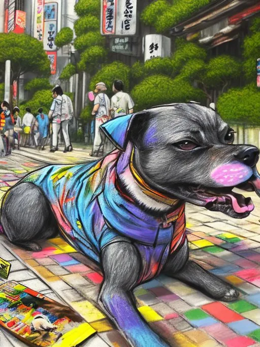 Prompt: pop art chalk pastel art of detailed dogs wearing clothes playing in the streets in japan during a festival, sketch, detailed background, highres, fun atmosphere, natural lighting,  abstract, fun