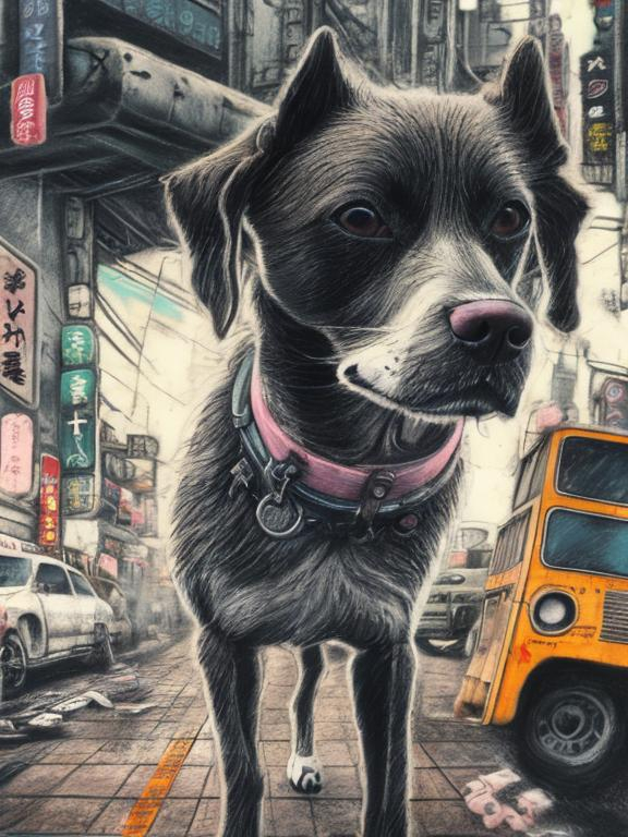 Prompt: chalk pastel art of a detailed dog with a polaroid camera on the streets in post-apocalyptic Japan during a festival with planes in the background, sketch, detailed background, highres, fun atmosphere, natural lighting,  abstract, fun